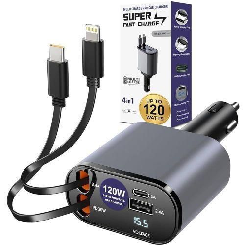 120W Retractable Fast Car Charger, 4 in 1 Mobile Charging Adapter with Dual USB Ports, USB-C & Lightning Cables, Compatible with iPhone & Type-C Android Devices, Multi-Device Charger(13.5 inches cable)