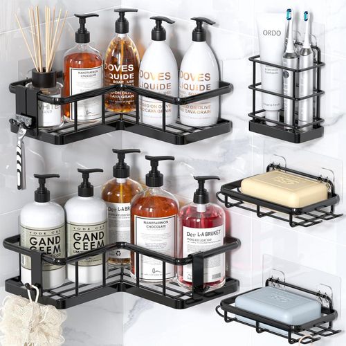 5 in 1 Adhesive Corner Shower Caddy Set: No Drill Bathroom Storage Rack with Soap Dish and Toothbrush Holder: Black