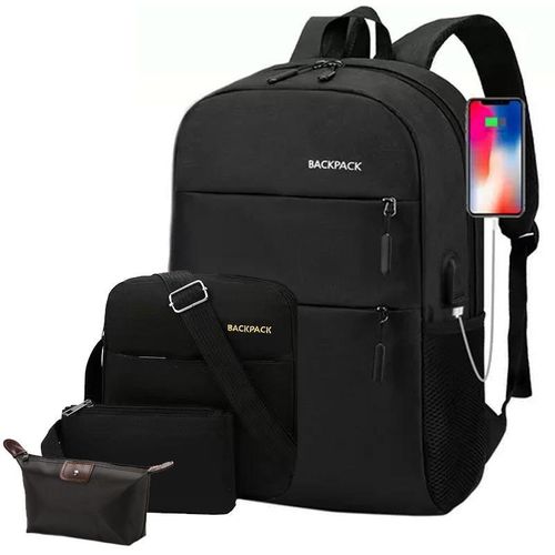 3 In1 Multi Functional School Backpack With USB Slot-Black