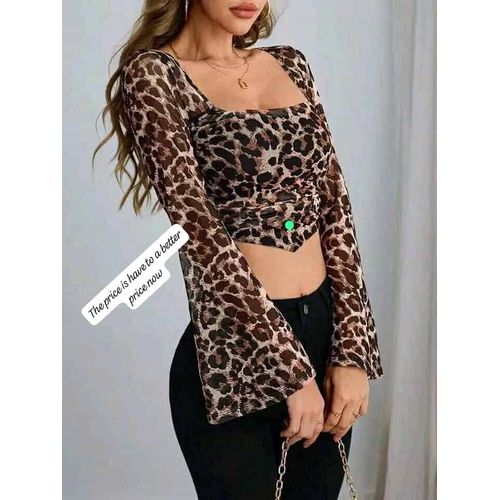 Women's Leopard Print Square Neck Long Flare Sleeve Crop Top