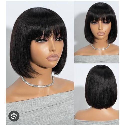 Real hair short straight bob fringe wig natural color 8 inches