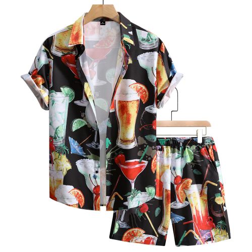 Men Summer Cocktail Drink Print 2 Piece Set Short Sleeve Button Shirt And Drawstring Shorts Casual Outfit