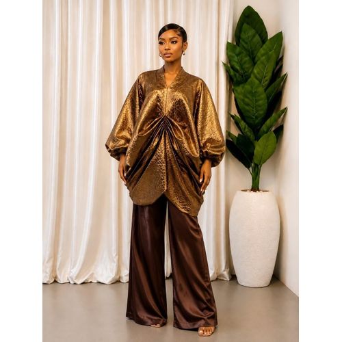 Women’s Metallic Two-Piece Set – Draped Tunic Top & High-Waisted Wide-Leg Trousers