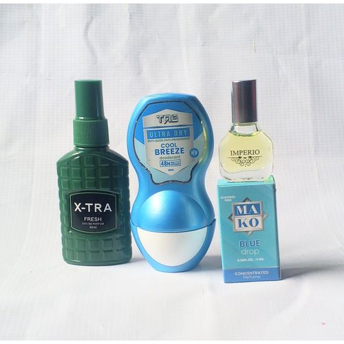 Perfume Special Combo of 3 in 1 of Xtra Green Fresh Spray 50ml, Tag Breeze Antiperspirant Roll On 50ml and Blue Drop Concentrated Oil Perfume 5ml (Unisex) NAFDAC NUMBER: Xtra Green: A2-102698, Tag Breeze Roll On: A2-105079, Mako Blue: A2-105048