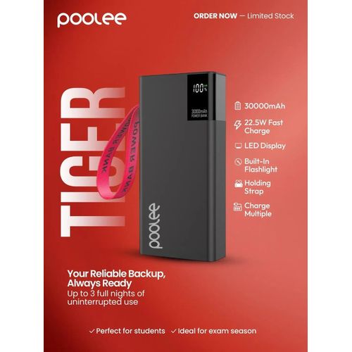 Poolee 30000 MAHh Power Bank Tiger 225W TypeC Inout Fast Charging 3USB