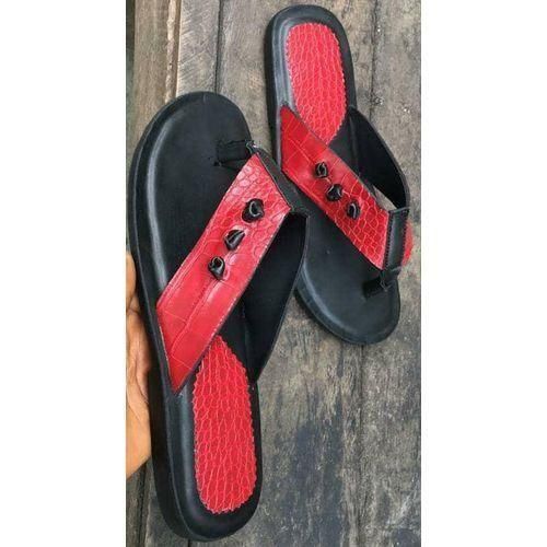 Male Leather Smart Toe Slippers - Black/Red