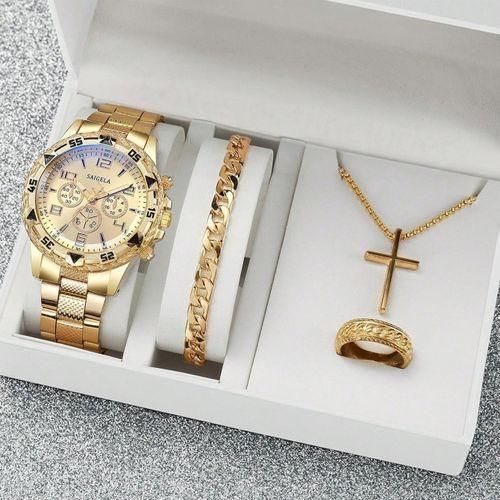 Women High Fashion Luxury Quartz Gold Watch 4 in 1 Set with Necklace, Ring & Bracelet - Gold