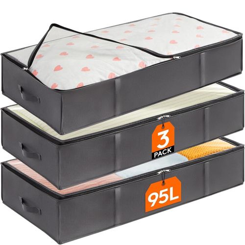 3-Pack 95L Underbed Storage Bags with Clear PVC Window – Large Clothes Organiser for Duvet, Blanket & Clothing, Reinforced Handles, Breathable Non-Woven Fabric, Grey (100x50x19cm)