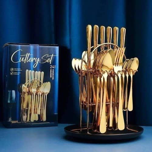 Gold Stainless Steel Spoons Forks With RACK