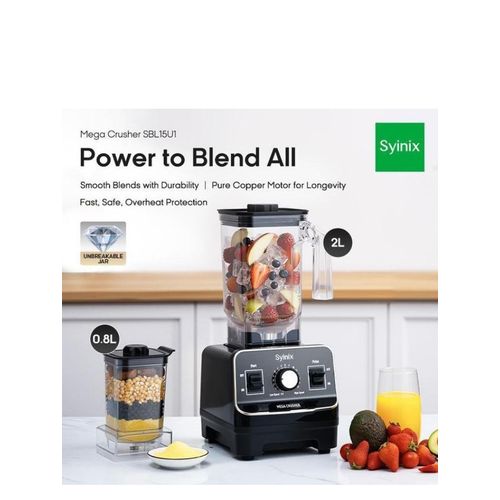2L Mega Crusher Blender - 1500W, Unbreakable jar, with 0.8L grinder jar, 25000RPM maximum speed (SBL15U1)