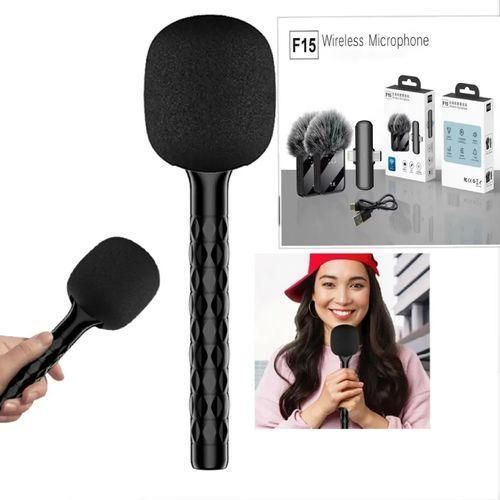 3in1 Wireless f15 Mic & Handheld holder stick lapel microphone for phone, computer studio vlog video recording interview microphone Kit