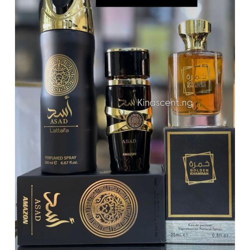 ASAD EDP Perfumed Natural Spray 50ml & Asad Lattafa Body Spray 200ml & Golden Khamara 25ml
