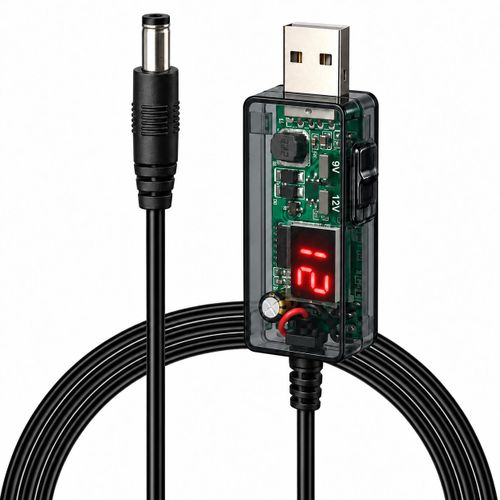 USB 5V to 12V Step Up Converter Cable with LED Voltage Display, USB-A-DC Boost Voltage Transformer for Router, WiFi and More Multi-Voltage Adjustable