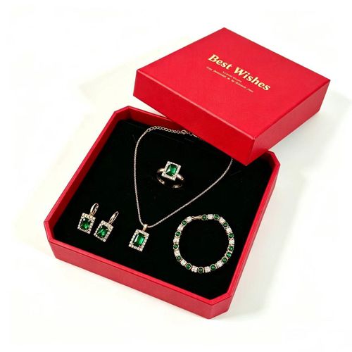 4Pcs Square Emerald Green Crystal Jewelry Set Gold Plated Necklace Earrings Adjustable Ring Tennis Bracelet Elegant Women Rhinestone Jewellery Gift For Wedding Party Daily Wear