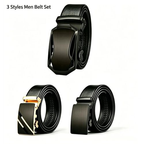 3 Pcs Men's Automatic Buckle Leather Belt Set, Multi-Style Black and Gold Buckles Business Casual Waist Belt Gift for Men