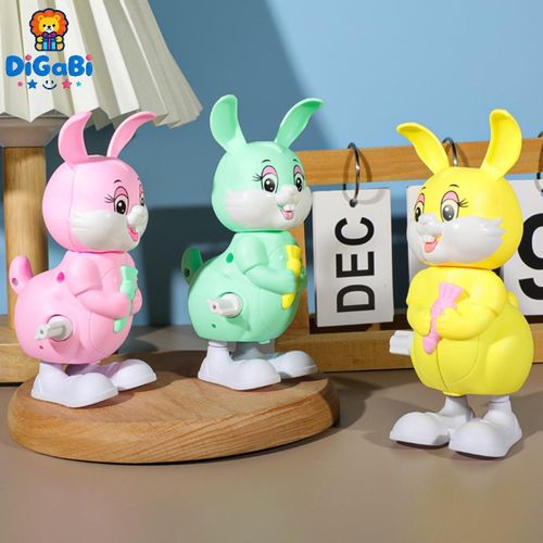 Cute Spring-Loaded Bunny Toys - Educational Pull-Back Action Figures in Yellow, Green, and Pink, Made of Plastic