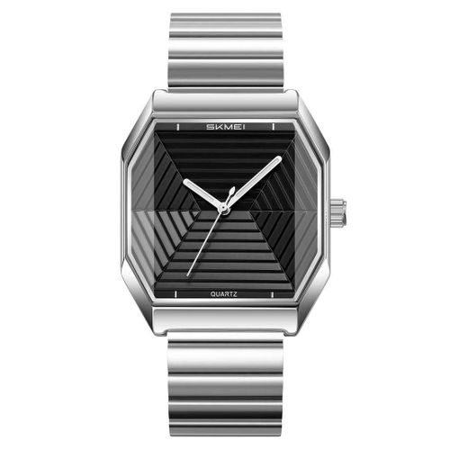 Faceted Quartz Watch With Stainless Steel Strap Geometric Black Square Dial Pointer Wristwatch For Men And Women