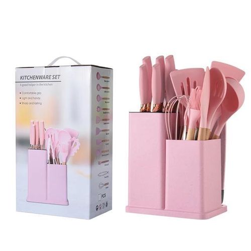 19-Piece Pink Kitchen Utensil and Knife Set with Storage Holder, Silicone Cooking Tools and Stainless Steel Knives with Rose Gold Handles for Home Kitchen