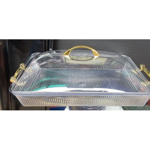 luxury clear acrylic serving tray with a matching dust-proof dome lid and elegant gold-finished metal handles