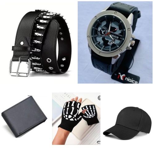 5 in 1 Unisex Gift set with waterproof wristwatch Y2K belt leather wallet Gym glove and face cap combo set