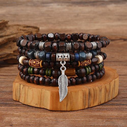 Men's 5 Piece Bracelet Chinese Style Stackable Wooden Bead Elastic Bangle