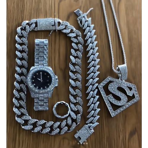 Top Quality Deluxe Set Of Iced Studded Wrist Watch +Iced Necklace & Bracelet For Luxury Men/Women