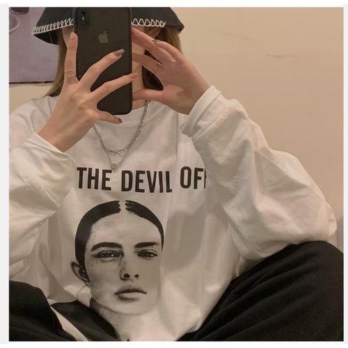 2020 Korean style Cute portrait Print round neck For Ladies: White