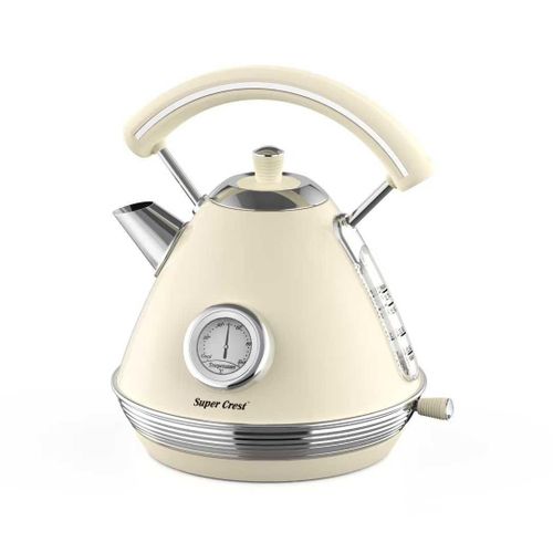 Super Crest Retro Electric Kettle – 1.8L Capacity, Stainless Steel Spout, Built-In Temperature Gauge, Chrome Accents, Durable Design
