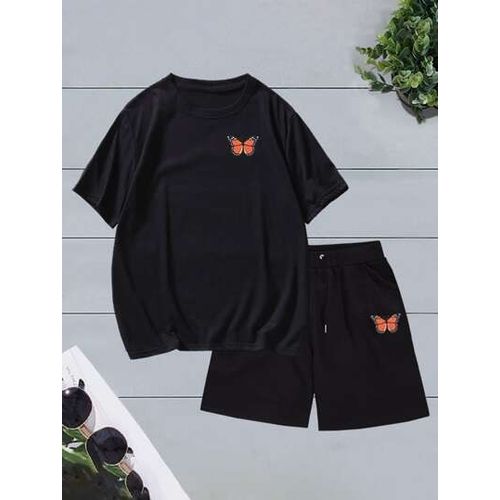 BUTTERFLY OVERSIZE BLACK Polo Tshirt Round Neck/BLACK SHORT