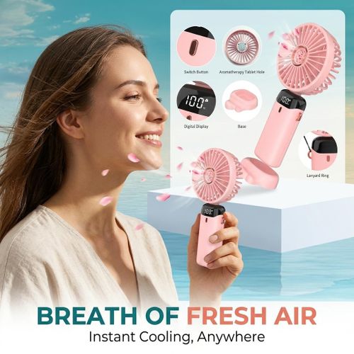 LED STRONG BREEZE Mini Handheld Fan, Ladies Wedding Personal Fans Portable Rechargeable, 5 Speed Mode Strong Airflow LED Battery Indicator Detachable Hands Free USB Handheld Party Fan, Compact and Lightweight, for Home Office Travel