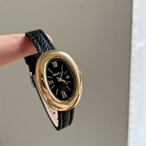 NAIDI Vintage Oval Wristwatch for Women, Gold Case Black Dial Watch with Black Leather Strap, Roman Numeral Quartz Watch, Black + Gold Timeless