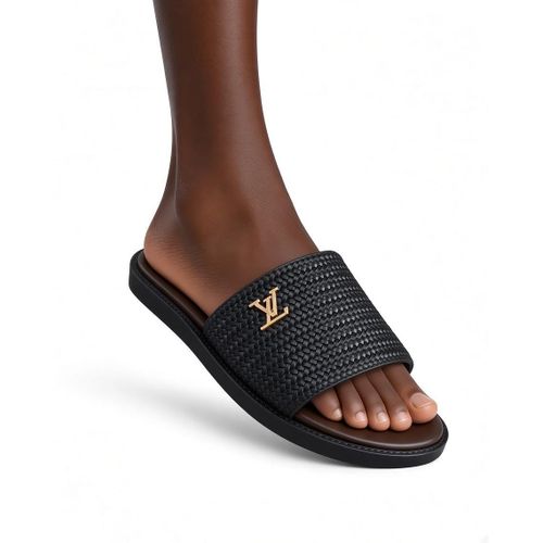 Men's Genuine Leather Woven Single-Band Slides Casual Slippers With Gold Emblem - Black