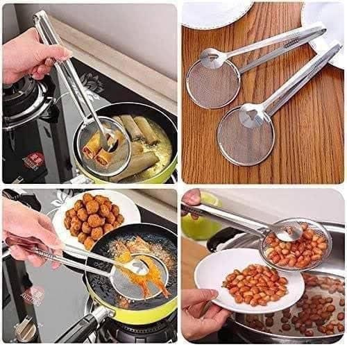 Stainless Steel Mesh Strainer Spoon with Integrated Serving Tongs-1pcs