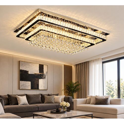 Modern Luxury Rectangular Crystal LED Ceiling Chandelier with Black and Gold Finish – Elegant Multi-Layer Flush Mount Ceiling Light for Living Room, Bedroom and Dining Room