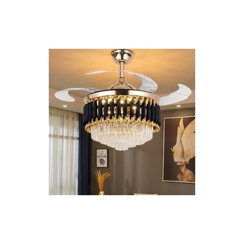 Luxury Modern Crystal Ceiling Fan Chandelier with Bluetooth speaker MP3 LED Light pendant light for Living room, Palour, Room, office, Reception, and all living spaces in the house – Gold & Black Finish
