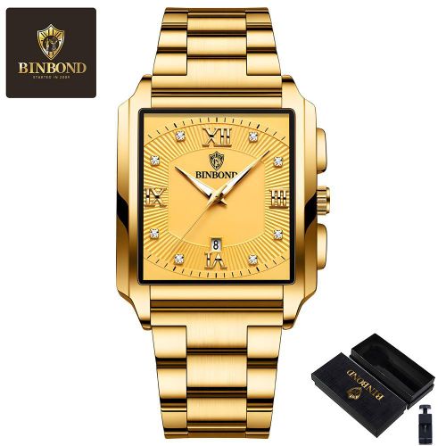 Rectangular Men's Calendar Quartz Watch Stainless Steel Strap Waterproof Luminous with Gift Box - Gold
