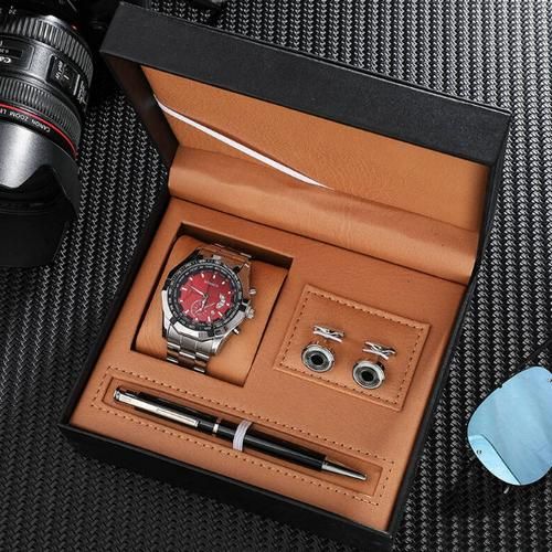 Men’s Wrist Watch Gift Set – With Pen, Cufflinks & Luxury Gift Box – Silver & Red