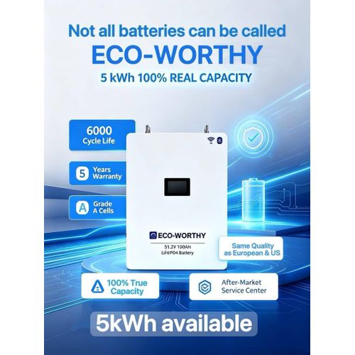 Modern Luxury ECO-WORTHY 5kWh 51.2V 100Ah LiFePO4 Lithium Battery - 100% Real Capacity - 6000 Cycle Life - Grade Á Cells - Touch Screen - WiFi & Bluetooth - 5 Years Warranty
