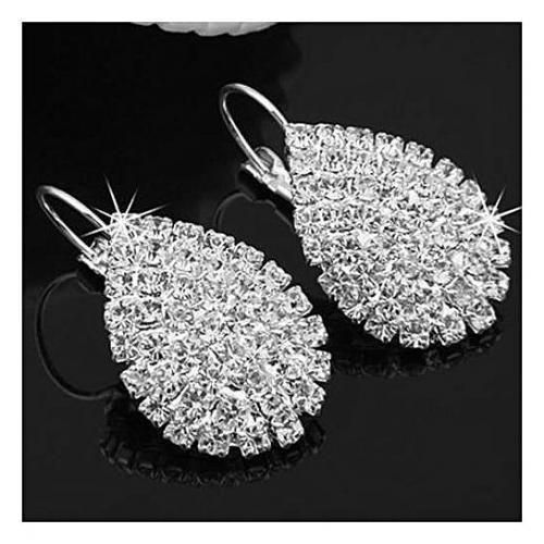 Women Shiny Waterdrop Rhinestone Claw Hook Earrings Silver