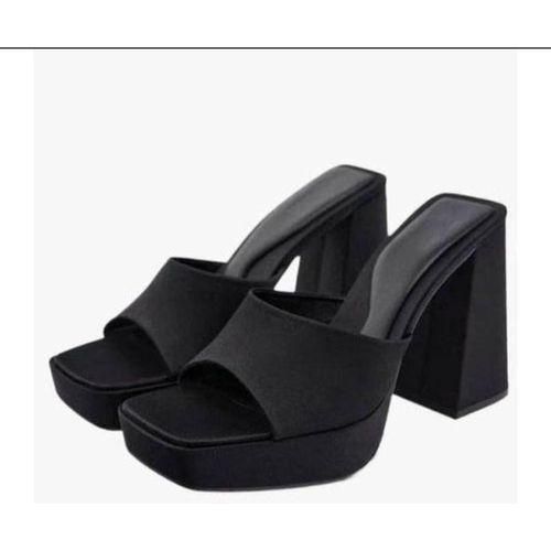 Fashion Boutique Black Satin Leather Square Toe Platform With Mule Chunky Heels