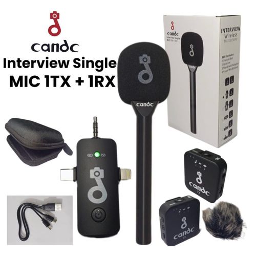 Candc Interview Microphone Single Wireless 1TX ( Transmitter ) + 1RX ( Receiver ) Microphones Handle for all Devices, Android, iPhone, Camera amplifier System Noise cancellation - Black
