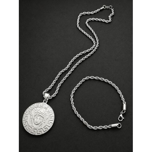 Silver Medusa Pendant Necklace & Bracelet Set For Men - Stainless Steel Jewelry