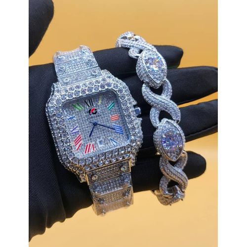 Classy & Sophisticated Diamond Iced Wristwatch + Diamond Iced Bracelet Bracelet