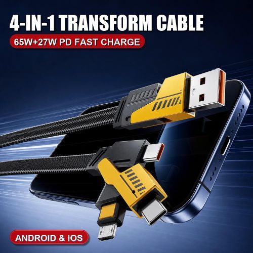 1.5-meter 4-in-1 Fast-Charging Cable + Free Cable Organizer, Multifunctional Charging Cable, Black and Yellow Two-Tone Gaming-Style Design, Combines USB-A, Type-C, and Lightning Connectors in One, Switch Between Them Freely