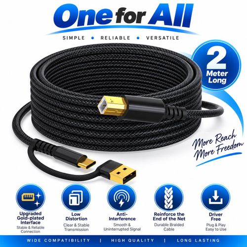 Universal Dual Mode 2-in-1 High-Speed 2 meter long Printer and scanner Cable type-C & USB-A Dual Connector