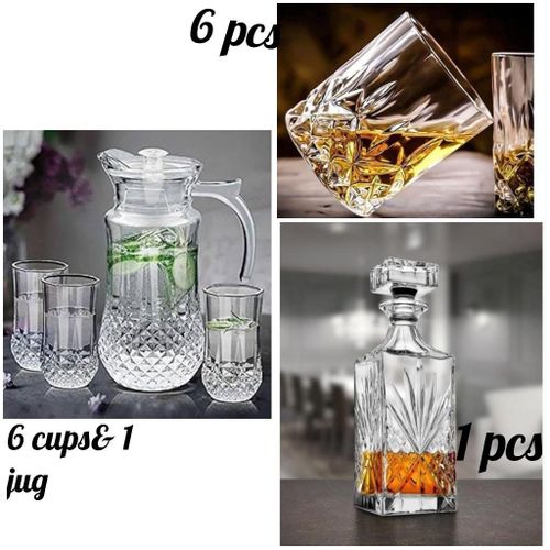 Water or juice glass cup 1 glass jug plus 6 glass cup plus 6 pcs Whiskey glass cup plus 1 decanter