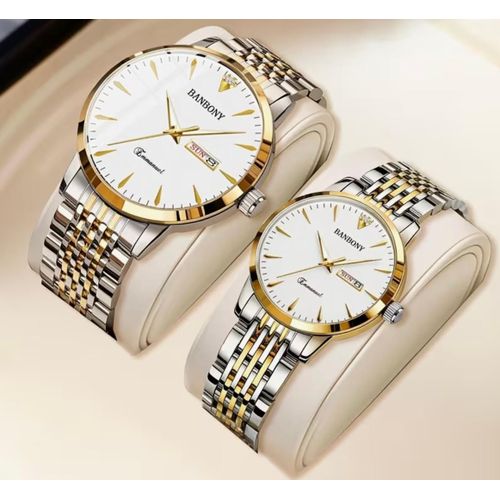 Sleek Two-toned Chain Couple Wrist Watch