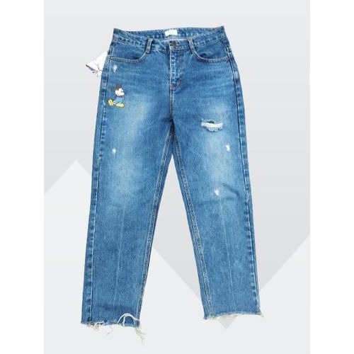 High quality ladies short length ripped patterned boyfriend jeans