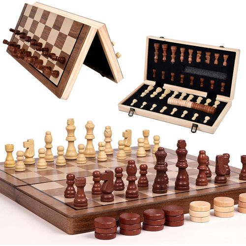 Wooden Chess Set,15.4 Inches Magnetic Chess Set,Travel Chess Set for Adults and Kids Portable Folding Board Game Set with Handmade Felted Chess Pieces,Felt Interior,Piece Holders