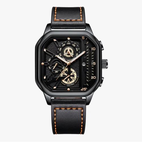 Black Square Chronograph Watch for Men - Luxury Leather Strap Fashion Watch.